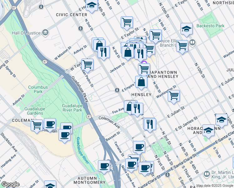 map of restaurants, bars, coffee shops, grocery stores, and more near in San Jose