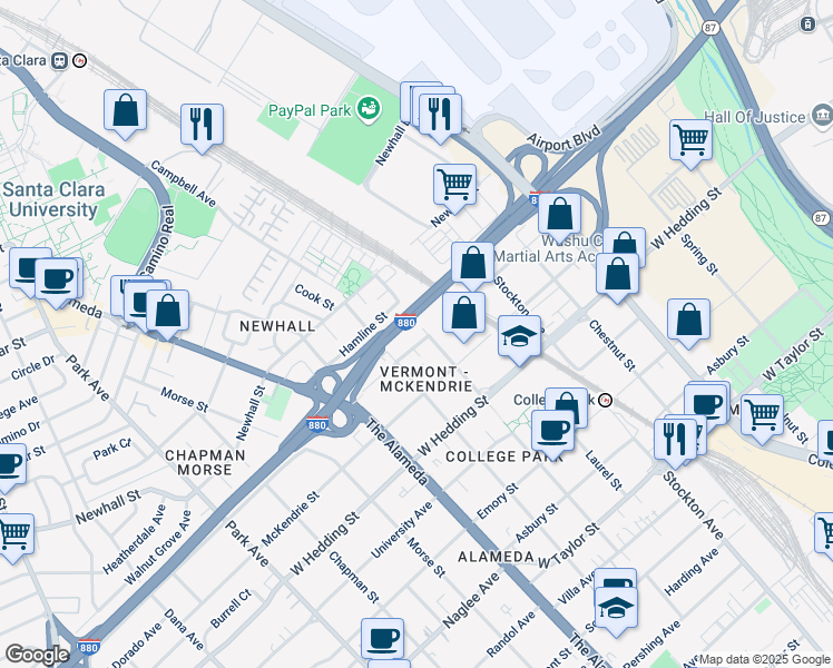 map of restaurants, bars, coffee shops, grocery stores, and more near 968 Vermont Street in San Jose