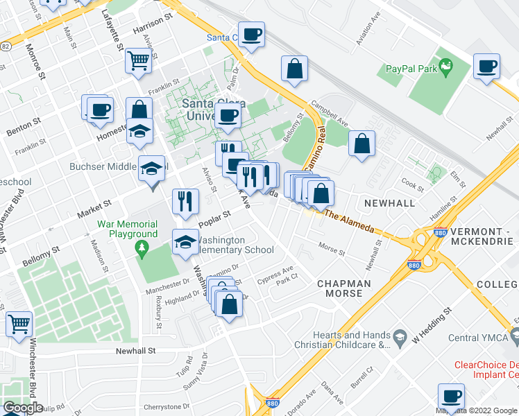 map of restaurants, bars, coffee shops, grocery stores, and more near 2675 Park Avenue in Santa Clara
