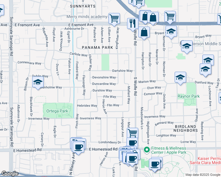 map of restaurants, bars, coffee shops, grocery stores, and more near 833 Fife Way in Sunnyvale