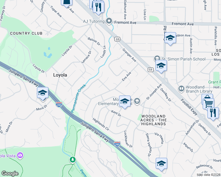 map of restaurants, bars, coffee shops, grocery stores, and more near 1075 Highlands Circle in Los Altos