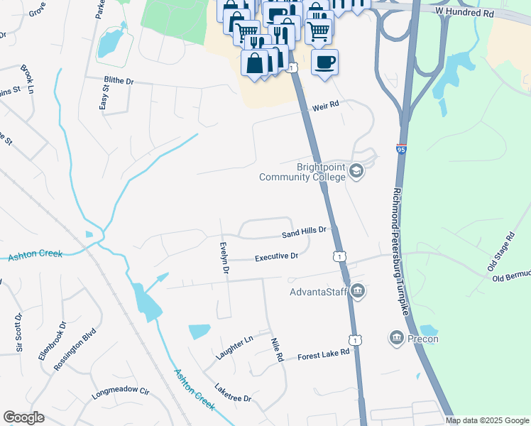 map of restaurants, bars, coffee shops, grocery stores, and more near 2754 Pine Meadows Circle in Chester