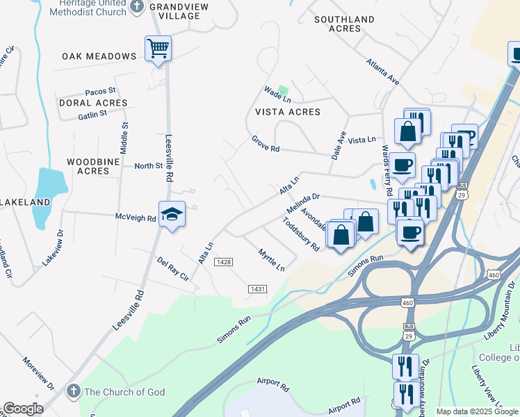 map of restaurants, bars, coffee shops, grocery stores, and more near 227 Alta Lane in Lynchburg