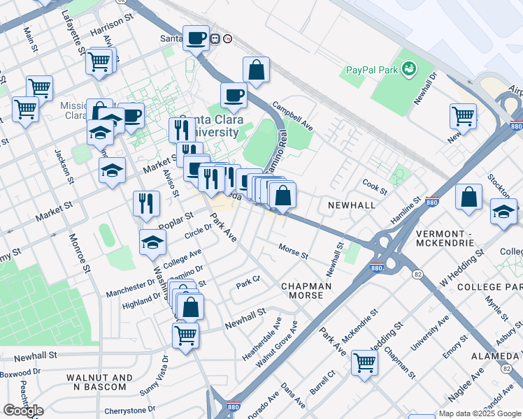 map of restaurants, bars, coffee shops, grocery stores, and more near 2323 The Alameda in Santa Clara