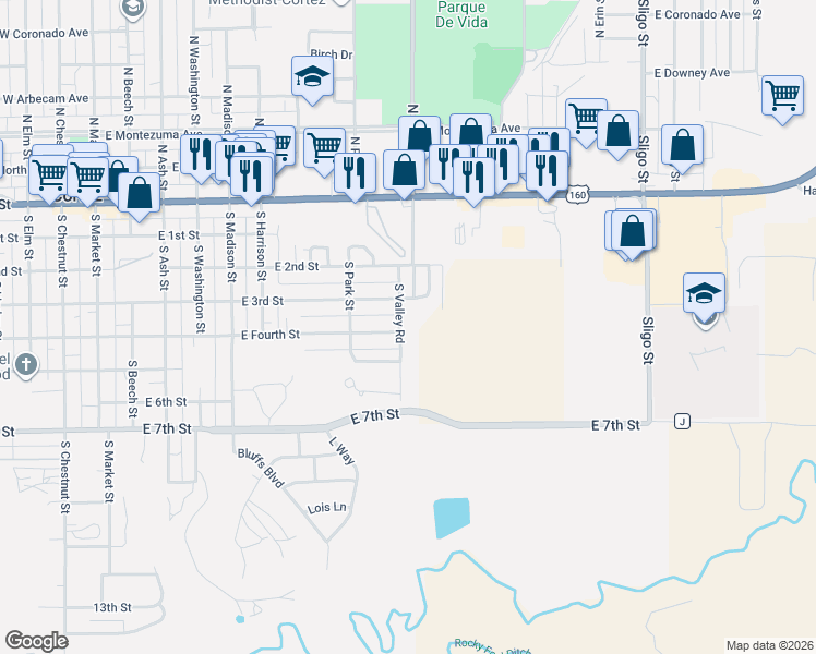 map of restaurants, bars, coffee shops, grocery stores, and more near 418 South Valley Road in Cortez