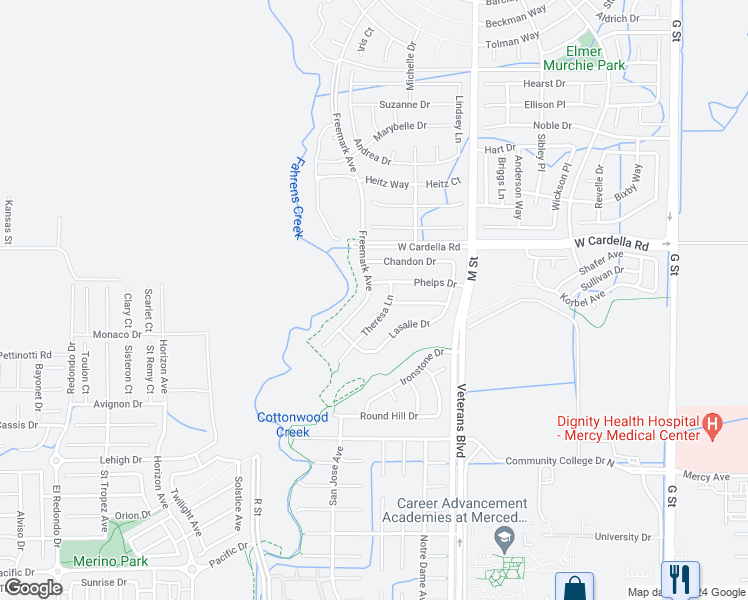map of restaurants, bars, coffee shops, grocery stores, and more near 4268 Freemark Avenue in Merced