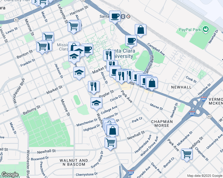 map of restaurants, bars, coffee shops, grocery stores, and more near 365 Alviso Street in Santa Clara