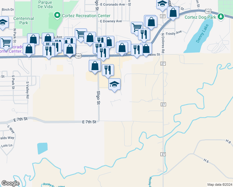 map of restaurants, bars, coffee shops, grocery stores, and more near 418 South Sligo Street in Cortez