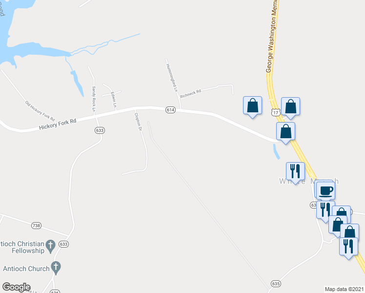 map of restaurants, bars, coffee shops, grocery stores, and more near 6436 Hickory Fork Road in Gloucester County