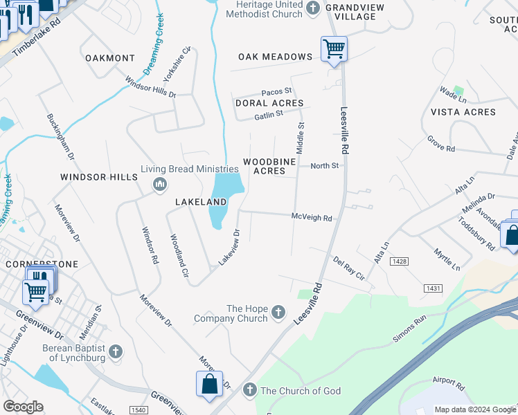 map of restaurants, bars, coffee shops, grocery stores, and more near 1610 McVeigh Road in Lynchburg