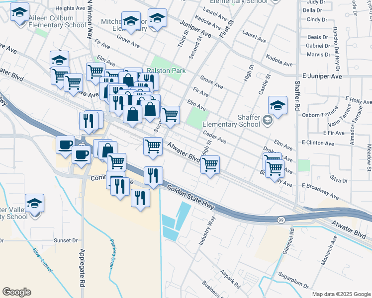 map of restaurants, bars, coffee shops, grocery stores, and more near 858 Broadway Avenue in Atwater