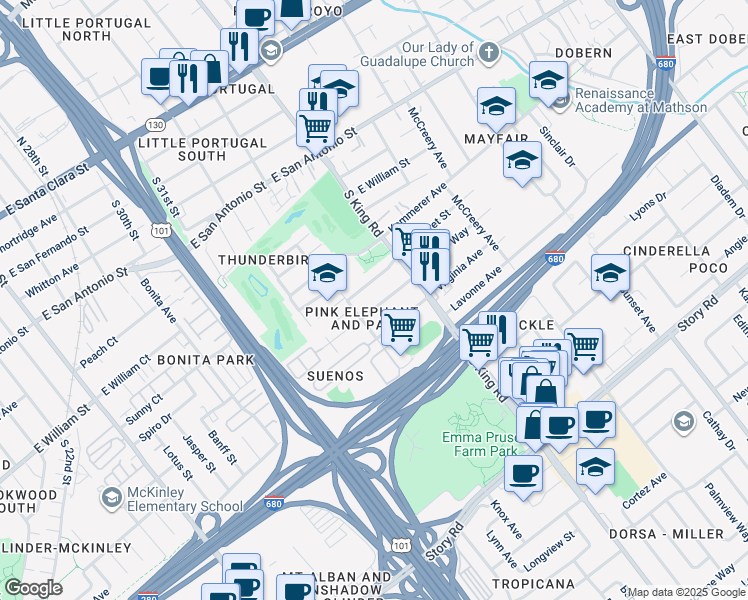 map of restaurants, bars, coffee shops, grocery stores, and more near 1631 Los Suenos Avenue in San Jose