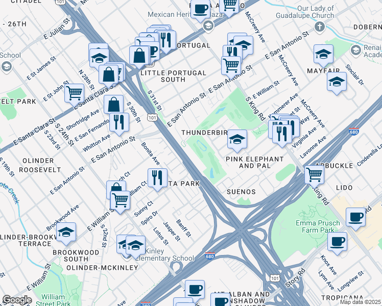 map of restaurants, bars, coffee shops, grocery stores, and more near 1489 Carnoustie Court in San Jose