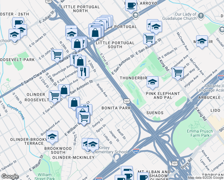 map of restaurants, bars, coffee shops, grocery stores, and more near 225 Rayos Del Sol Drive in San Jose