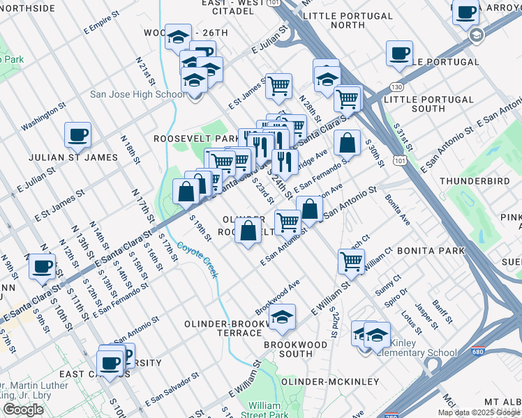 map of restaurants, bars, coffee shops, grocery stores, and more near 52 South 23rd Street in San Jose
