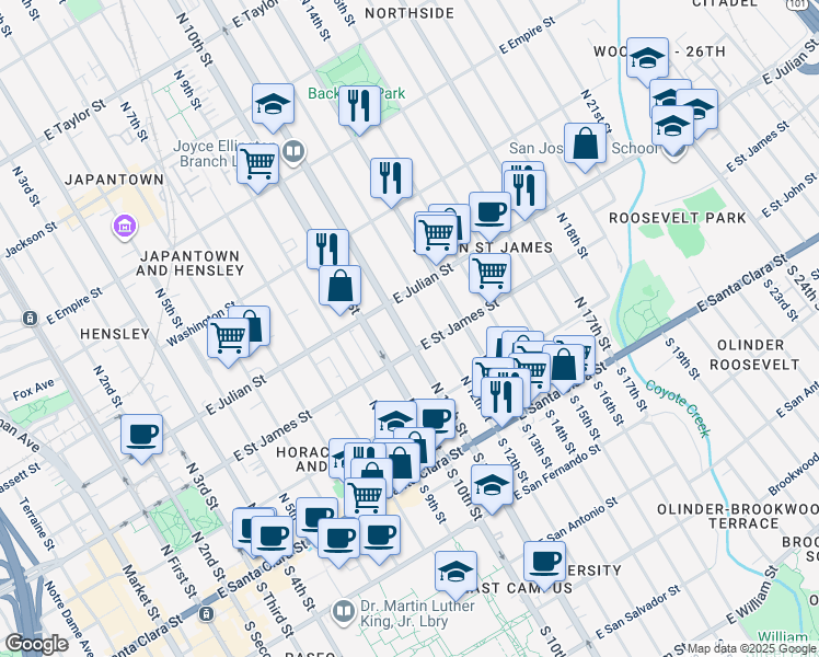 map of restaurants, bars, coffee shops, grocery stores, and more near 282 North 11th Street in San Jose