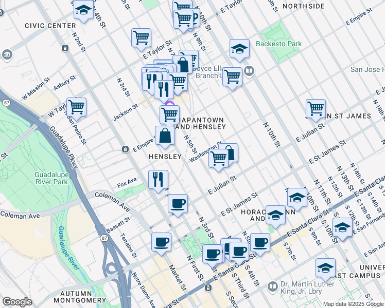 map of restaurants, bars, coffee shops, grocery stores, and more near 432 North 5th Street in San Jose
