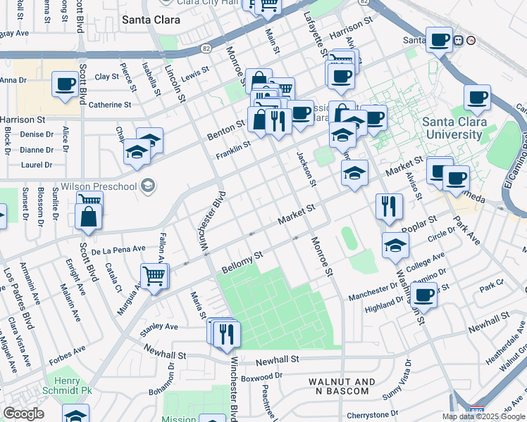 map of restaurants, bars, coffee shops, grocery stores, and more near 1457 Santa Clara Street in Santa Clara