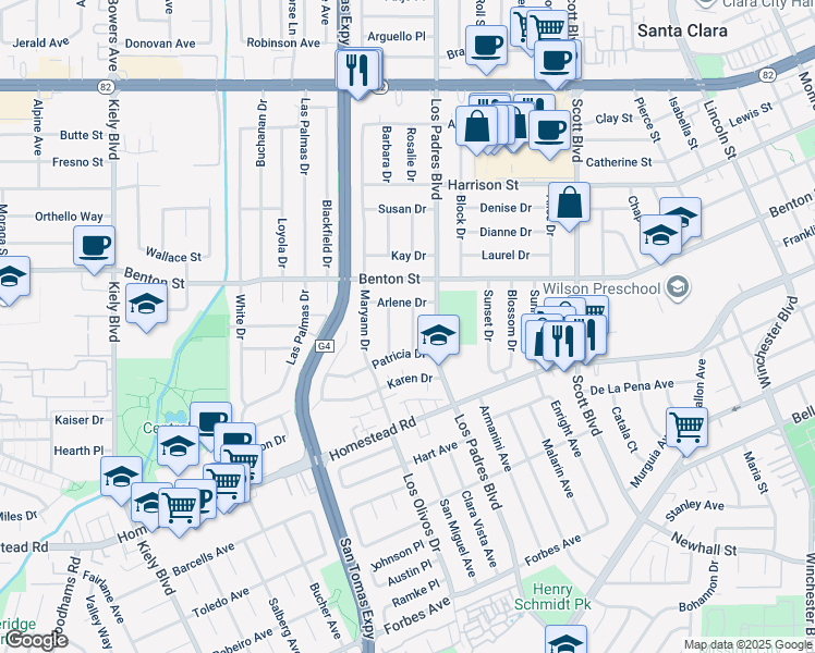 map of restaurants, bars, coffee shops, grocery stores, and more near 2356 Arlene Drive in Santa Clara