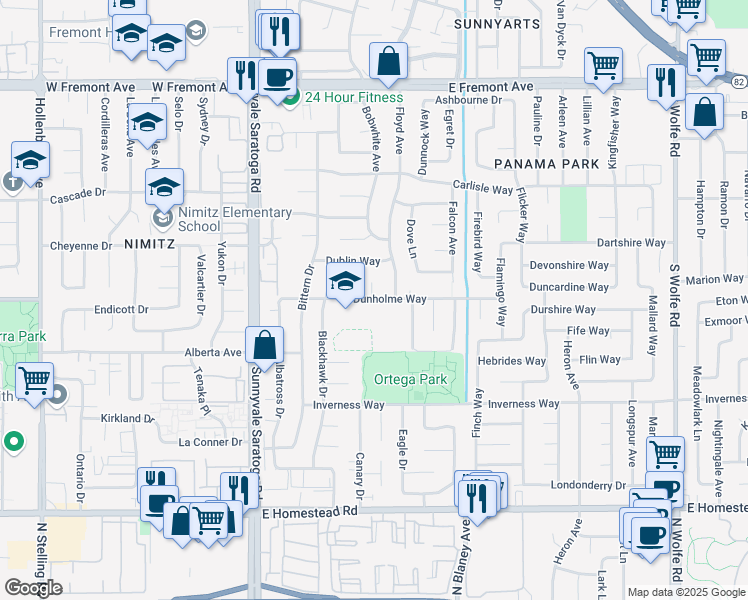 map of restaurants, bars, coffee shops, grocery stores, and more near 1487 Floyd Avenue in Sunnyvale