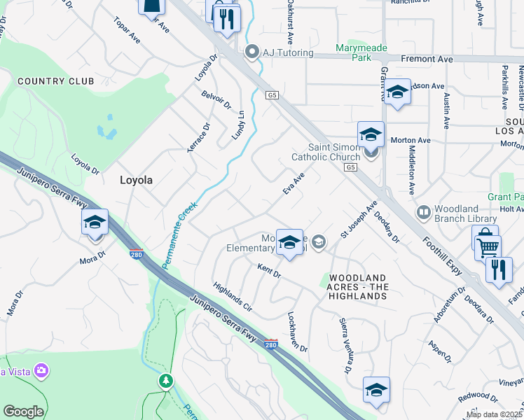 map of restaurants, bars, coffee shops, grocery stores, and more near 2081 Huntington Lane in Los Altos