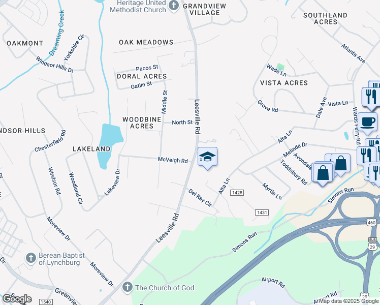 map of restaurants, bars, coffee shops, grocery stores, and more near 678A Leesville Road in Lynchburg