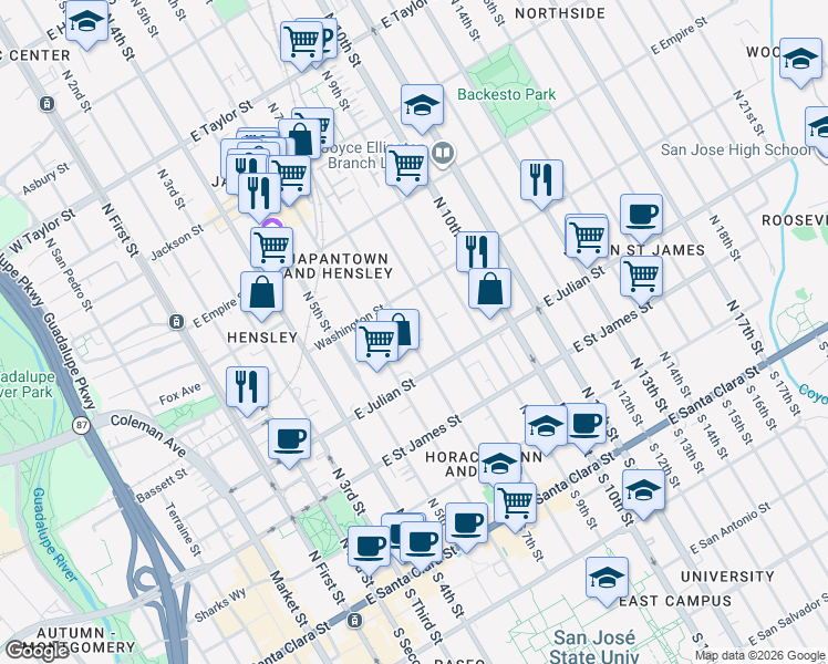 map of restaurants, bars, coffee shops, grocery stores, and more near 362 North 7th Street in San Jose