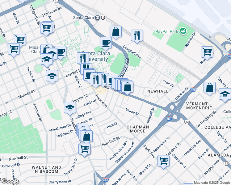map of restaurants, bars, coffee shops, grocery stores, and more near 2323 The Alameda in Santa Clara