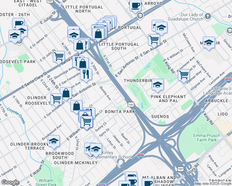 map of restaurants, bars, coffee shops, grocery stores, and more near 225 Rayos Del Sol Drive in San Jose