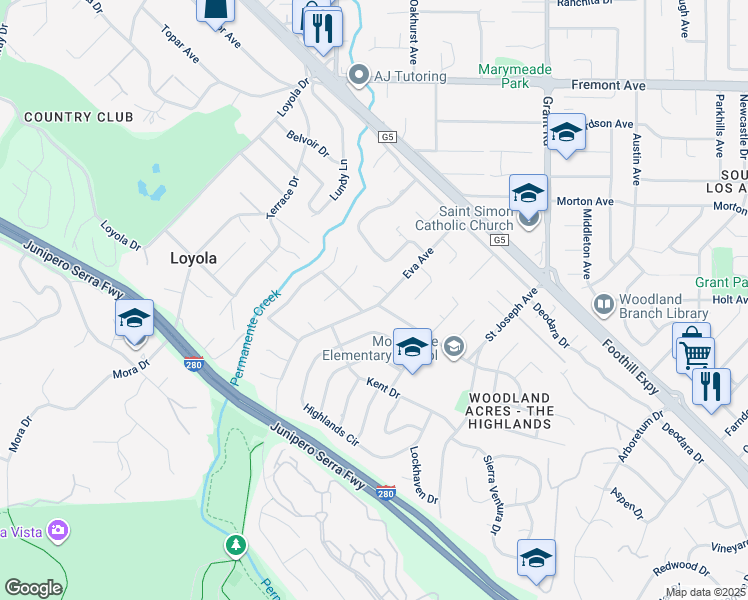map of restaurants, bars, coffee shops, grocery stores, and more near 2081 Huntington Lane in Los Altos