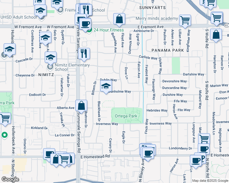 map of restaurants, bars, coffee shops, grocery stores, and more near 592 Dunholme Way in Sunnyvale