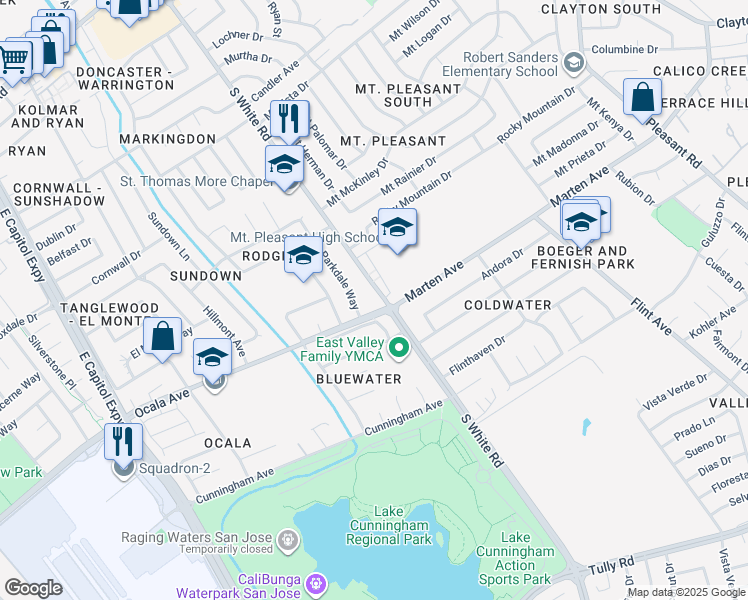 map of restaurants, bars, coffee shops, grocery stores, and more near 1837 South White Road in San Jose