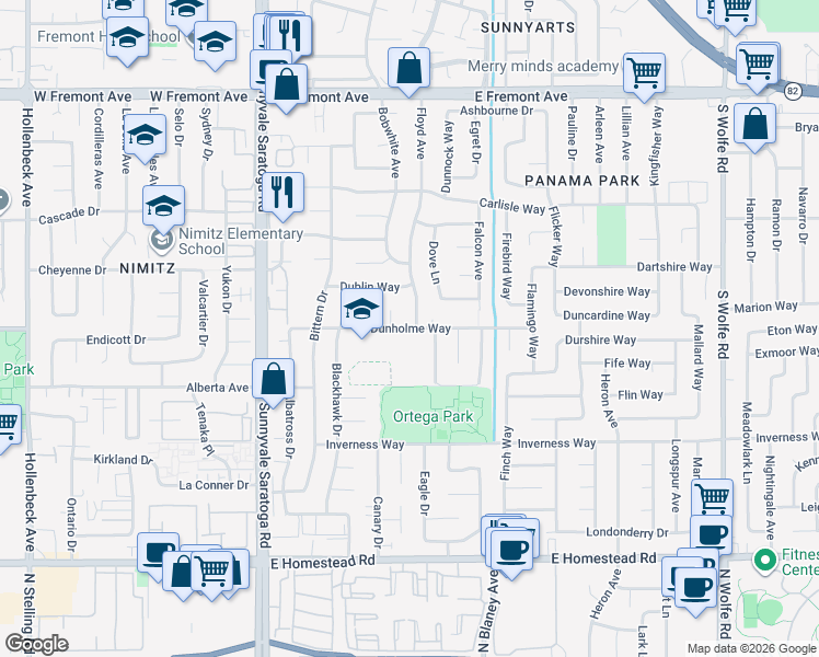 map of restaurants, bars, coffee shops, grocery stores, and more near 1487 Floyd Avenue in Sunnyvale