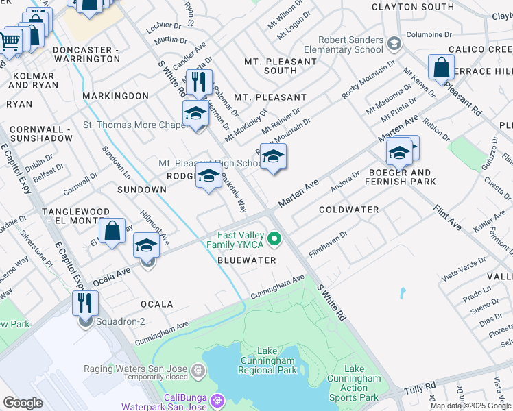 map of restaurants, bars, coffee shops, grocery stores, and more near 1837 South White Road in San Jose