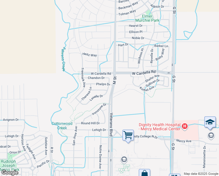 map of restaurants, bars, coffee shops, grocery stores, and more near 4291 Lasalle Drive in Merced