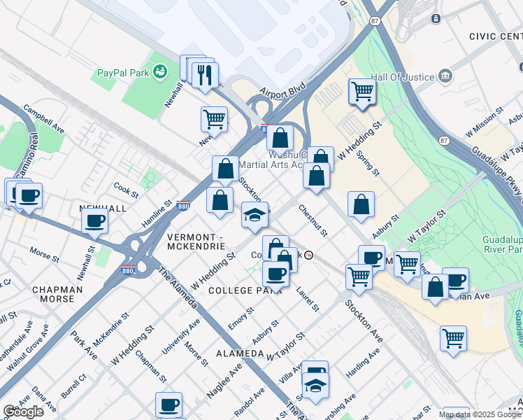 map of restaurants, bars, coffee shops, grocery stores, and more near 928 Stockton Avenue in San Jose