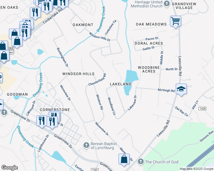 map of restaurants, bars, coffee shops, grocery stores, and more near 126 Chesterfield Rd in Lynchburg