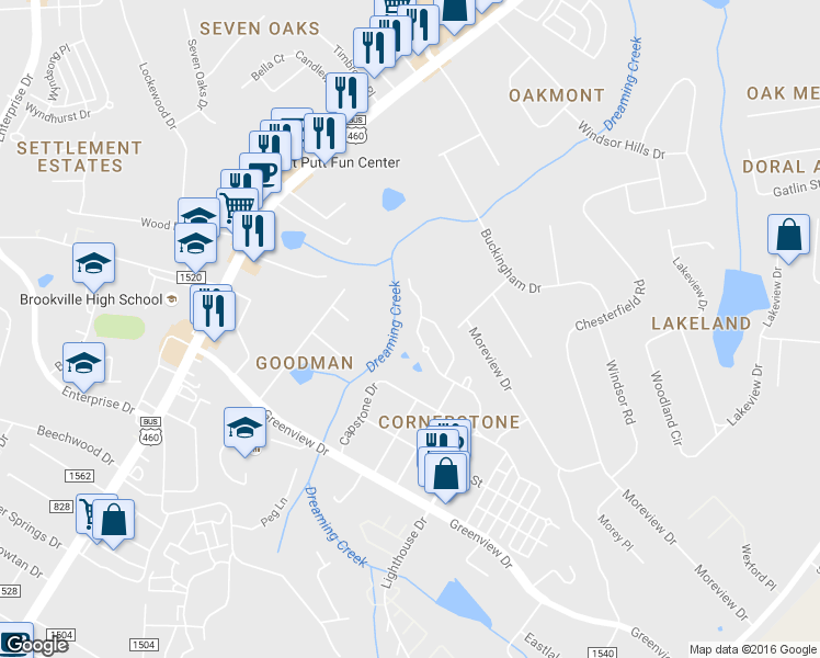 map of restaurants, bars, coffee shops, grocery stores, and more near 507 Cornerstone Street in Lynchburg