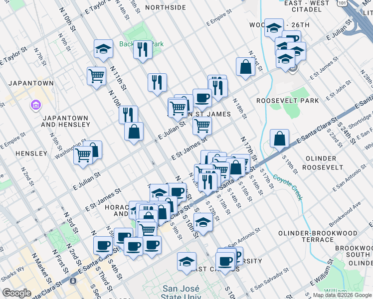 map of restaurants, bars, coffee shops, grocery stores, and more near 237 North 13th Street in San Jose