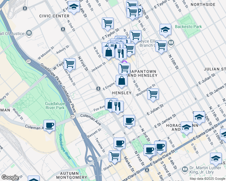 map of restaurants, bars, coffee shops, grocery stores, and more near 474 North 3rd Street in San Jose