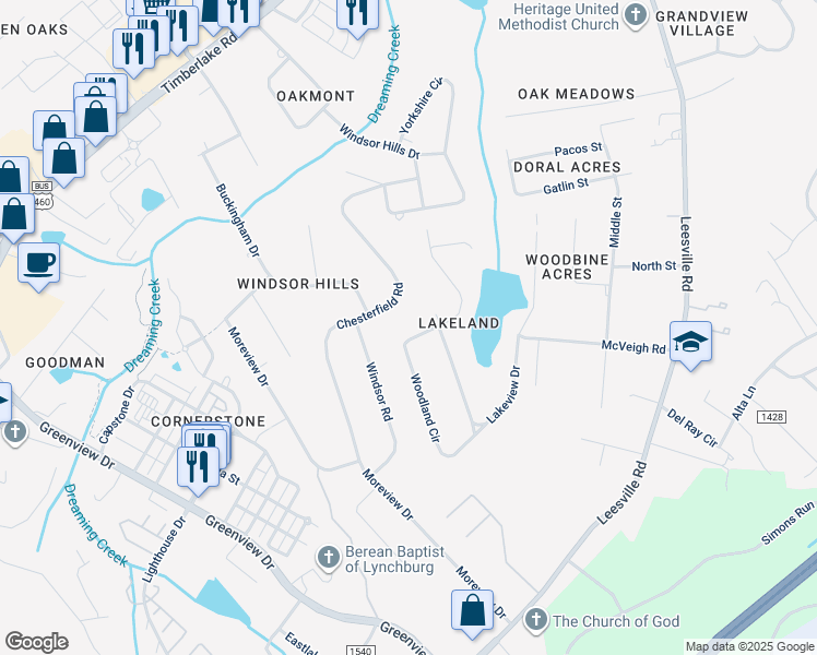 map of restaurants, bars, coffee shops, grocery stores, and more near 126 Chesterfield Rd in Lynchburg