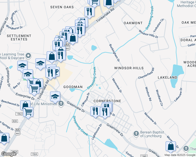 map of restaurants, bars, coffee shops, grocery stores, and more near 507 Cornerstone Street in Lynchburg