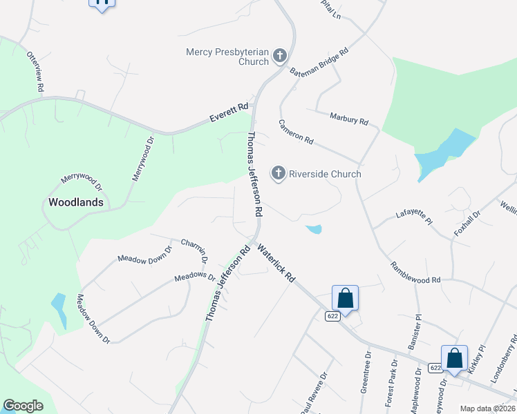 map of restaurants, bars, coffee shops, grocery stores, and more near 2283-2579 Thomas Jefferson Road in Forest