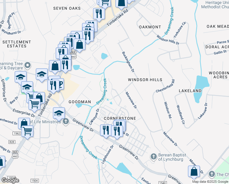 map of restaurants, bars, coffee shops, grocery stores, and more near 203 Ridgeline Lane in Lynchburg