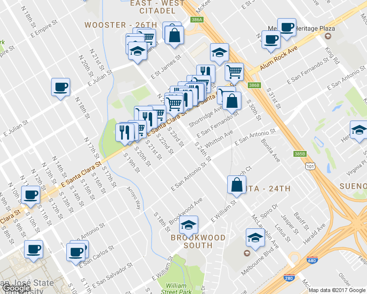 map of restaurants, bars, coffee shops, grocery stores, and more near E San Fernando St & S 23rd St in San Jose