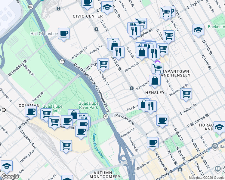 map of restaurants, bars, coffee shops, grocery stores, and more near 592 North San Pedro Street in San Jose