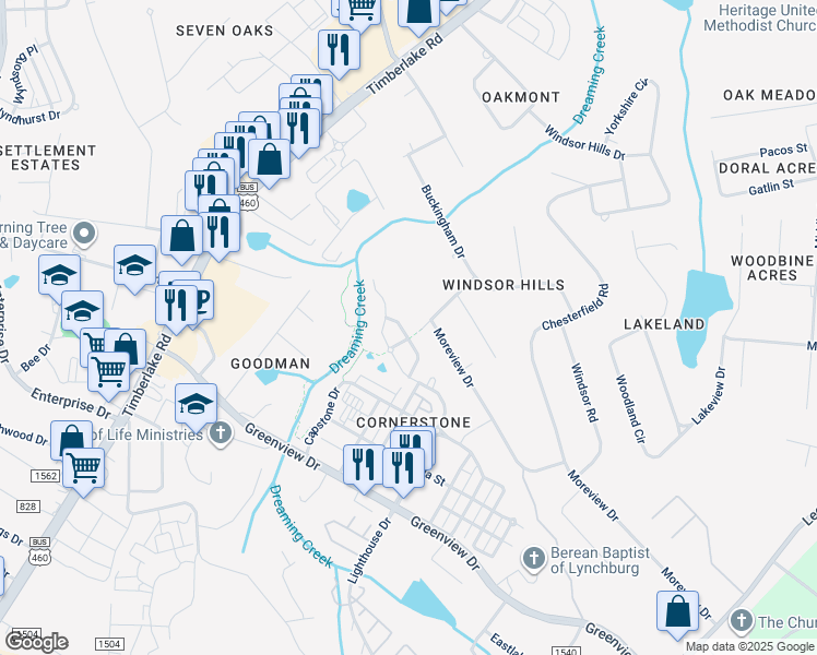 map of restaurants, bars, coffee shops, grocery stores, and more near 202 Ridgeline Lane in Lynchburg