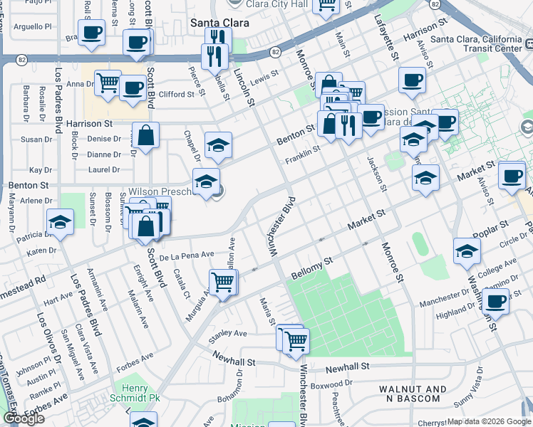 map of restaurants, bars, coffee shops, grocery stores, and more near 1765 Lexington Street in Santa Clara
