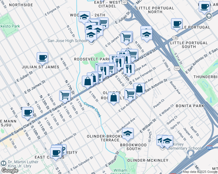 map of restaurants, bars, coffee shops, grocery stores, and more near 18 South 21st Street in San Jose