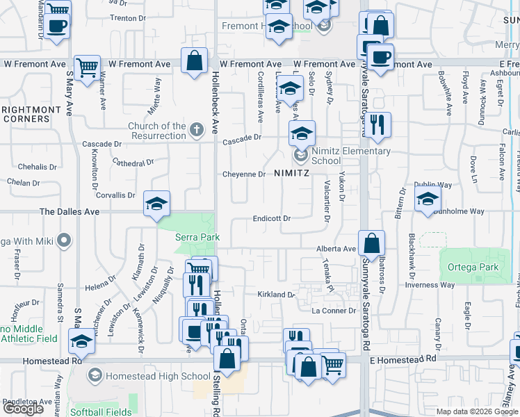 map of restaurants, bars, coffee shops, grocery stores, and more near 1484 Prince Edward Way in Sunnyvale